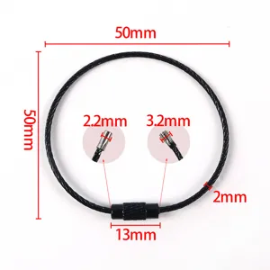 Black coated steel wire keychain loop with screw connector and detailed size marks.