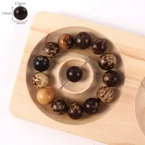 Detailed view of carved Bodhi root prayer beads showing natural texture and specifications.