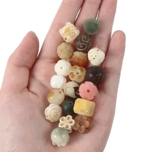 Carved Bodhi root loose beads lotus design DIY bracelet accessories prayer beads bulk set