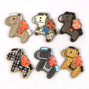 Cartoon Wooden Horse DIY Pendant Charm With Money Bag Pattern Electroplated Wood Small Horse Keychain Accessories For Jewelry Making