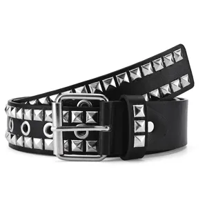 Black punk leather belt with double rows of silver pyramid studs and rectangular buckle