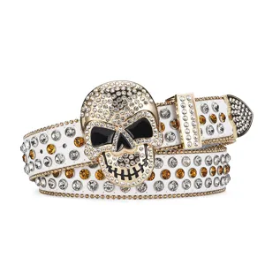 Ceinture en cuir blanc avec tête de mort en strass, style punk hip-hop pour hommes et femmes.