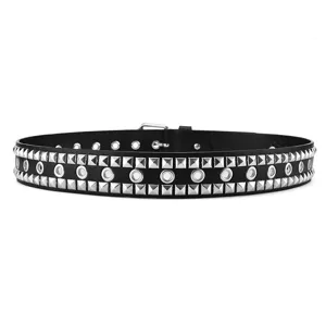 Black punk belt with pyramid studs and eyelets for jeans and suits, 80 chars.