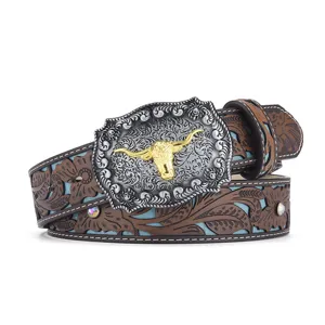 Ceinture en cuir gaufré style western vintage avec boucle tête de taureau et strass.