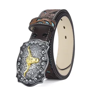 Ceinture en cuir gaufré rétro style cow-boy occidental avec boucle tête de taureau.