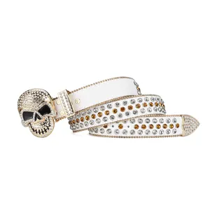 Ceinture en cuir blanc avec strass boucle de tête de mort punk cristaux étincelants pour femmes hommes