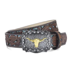 Vue détaillée de la ceinture en cuir de style cowboy rétro avec boucle tête de taureau.
