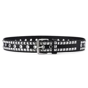 Fashionable black punk belt featuring silver pyramid studs and eyelets for men and women