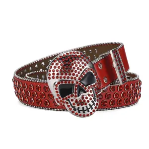 Ceinture strass crâne homme punk rouge cristal large sangle taille hip hop mode déclaration