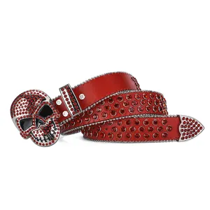 Ceinture en cuir punk strass rouge avec boucle crâne, sangle de taille en cristal.
