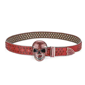 Ceinture punk strass rouge avec grande boucle tete de mort accessoire taille cristal brillant