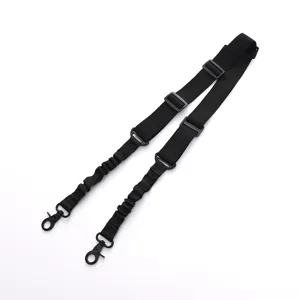Adjustable black tactical strap with swivel snap hooks for outdoor gear use