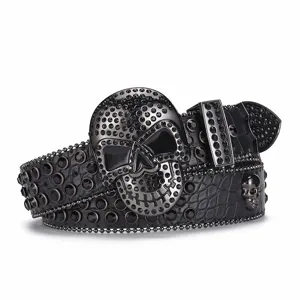 Ceinture tête de mort strass style hip-hop punk en cuir noir luxueux cristaux scintillants