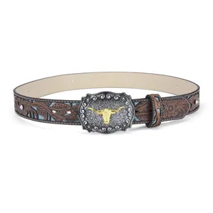 Ceinture en cuir gaufré style western avec boucle de taureau vintage et détails bleus uniques.
