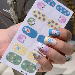 Waterdichte nagelstickers met paashaas en gekleurde eieren, glitter-afwerking LT-195