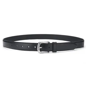 Women genuine leather belt with minimalist silver horseshoe buckle, classic black casual style.