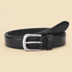 Classic women's black genuine leather belt with a sleek silver pin buckle for daily wear.