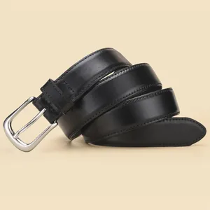 Detailed view of the black genuine leather belt with a sleek silver buckle for classic style.