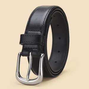 Classic black leather belt for women with silver pin buckle, elegant design for jeans.