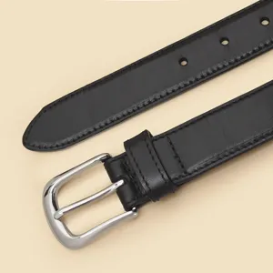 Women genuine top layer cowhide leather belt with silver tone metal pin buckle detail.