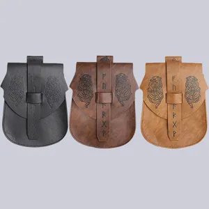 Three Viking style leather belt pouches in black, dark brown, and tan color variants