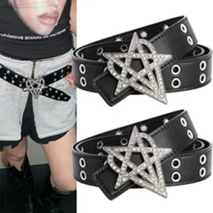 Cinturón negro punk gótico con ojales y hebilla de estrella con diamantes de imitación