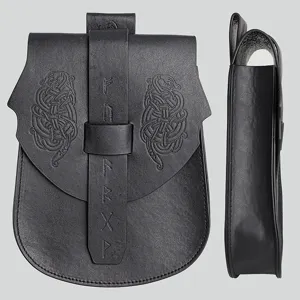 Handcrafted Viking style black leather belt pouch with embossed runes and intricate patterns