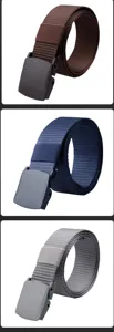 Detailed view of woven tactical belts in brown, navy, and grey with plastic buckles