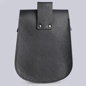 Detailed back view of a black Viking style boat-shaped leather belt pouch