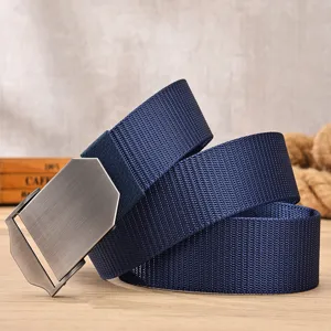 Men's casual blue canvas belt with durable metal automatic buckle for outdoor daily wear.