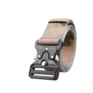 Detail view of tactical nylon belt with metal quick-release buckle and camouflage.