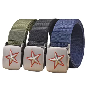 Men's canvas belt casual outdoor tactical waist belt with metal star buckle non-hole adjustable