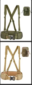 Tactical combat belt set with heavy-duty suspenders and utility pouch in OD and Tan