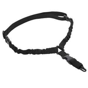 Black single point tactical nylon sling strap for outdoor sports and gear carrying.