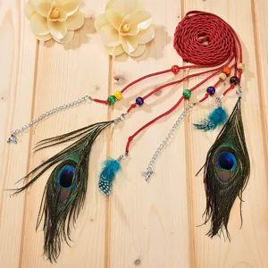 Boho Peacock Feather Braided Belt Women Vintage Multi-color Wooden Beads Metal Chain Dress Waistband Fashion Accessories