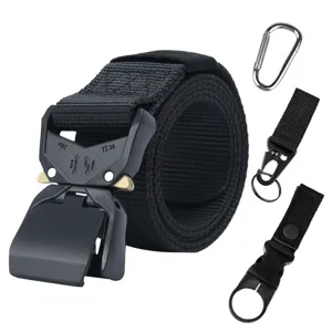 Durable tactical belt with quick-release metal buckle and accessory clips for outdoor use.