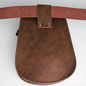 Macro detail of the rear belt loop on a Nordic Viking style brown faux leather ship bag