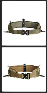 Detailed view of olive green and camouflage tactical belts with heavy-duty buckles