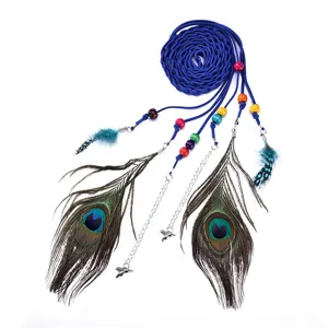 Peacock feather braided hair band boho style rope belt with colorful wooden beads charms.