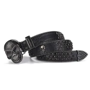 Ceinture cloutée en cuir noir style punk avec tête de mort et strass pour hommes et femmes
