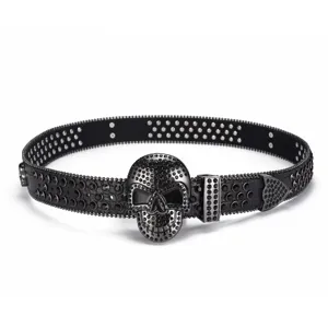 Ceinture tête de mort strass noir punk hip hop ceinture en cuir clouté mode style