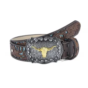 Ceinture en cuir gaufré rétro style cow-boy occidental avec boucle tête de taureau et strass.