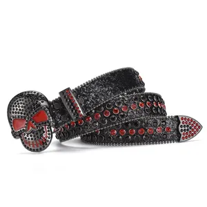 Ceinture strass tête de mort punk pour homme et femme, lanière scintillante noire et cristaux.
