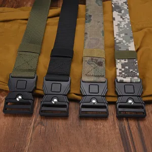 Close-up detail view of tactical nylon belt with quick release buckle in various camouflage colors.