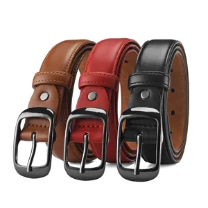 Detail view of fashion leather belts in brown, red, and black with gunmetal oval pin buckles.