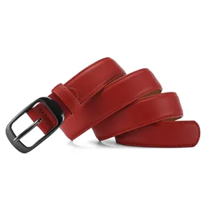 Red leather belt with gunmetal buckle for women and men, classic casual denim trouser belt.