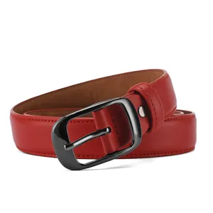 Red leather belt detail featuring a stylish gunmetal oval pin buckle and fine stitching.