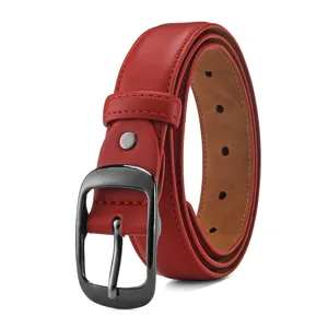 Detailed close-up view of red leather belt, highlighting metal buckle and fine texture.