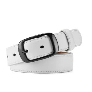 White leather belt with stylish black oval pin buckle, perfect for casual jeans and daily wear.