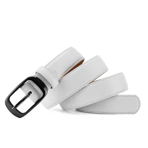White leather belt detail showing smooth texture, neat stitching, and sleek gunmetal oval pin buckle.